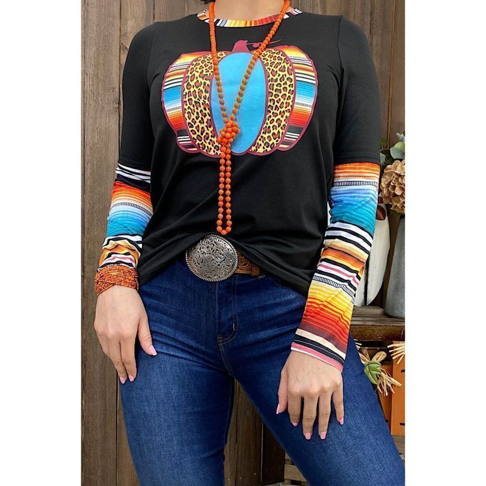 Serape/leopard pumpkin printed long-sleeved top